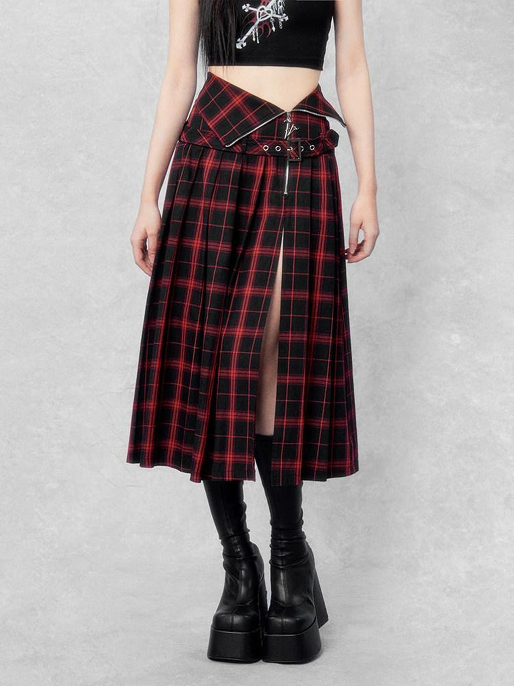 VOCK Red Black Plaid Zipper Foldover Waist Front Slit Women's Cotton Pleated Skirts