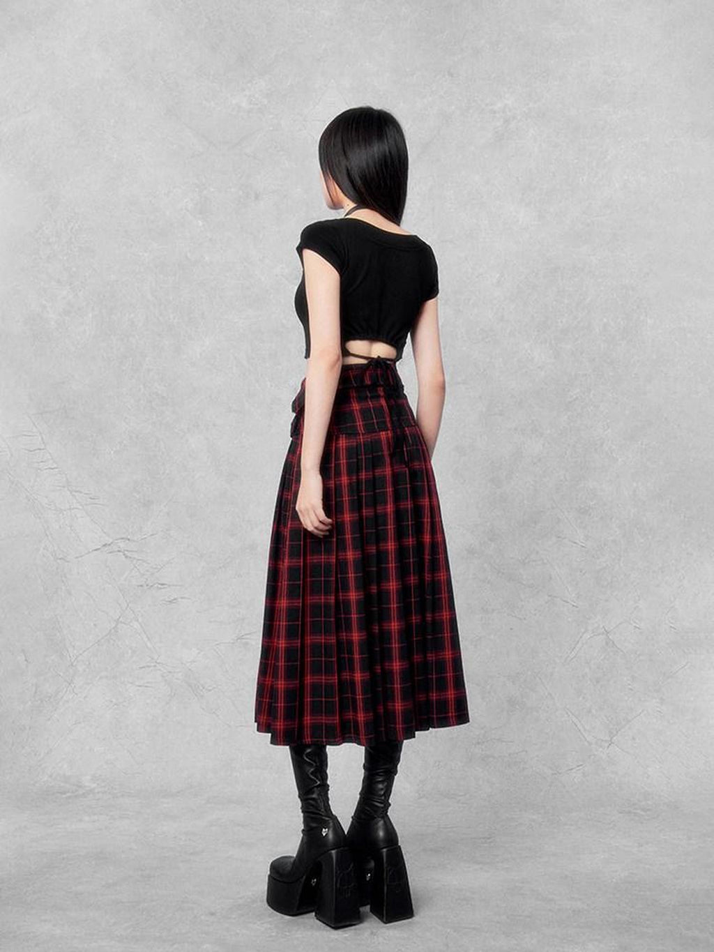 VOCK Red Black Plaid Zipper Foldover Waist Front Slit Women's Cotton Pleated Skirts