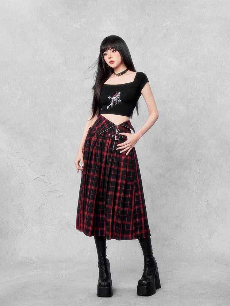 VOCK Red Black Plaid Zipper Foldover Waist Front Slit Women's Cotton Pleated Skirts