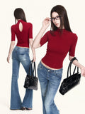 VOCK_Red_Openwork_Knit_High_Neck_Elbow_Sleeve_Women's_Cotton_Blend_Slim_T-shirts_1053579726821_MISSTT