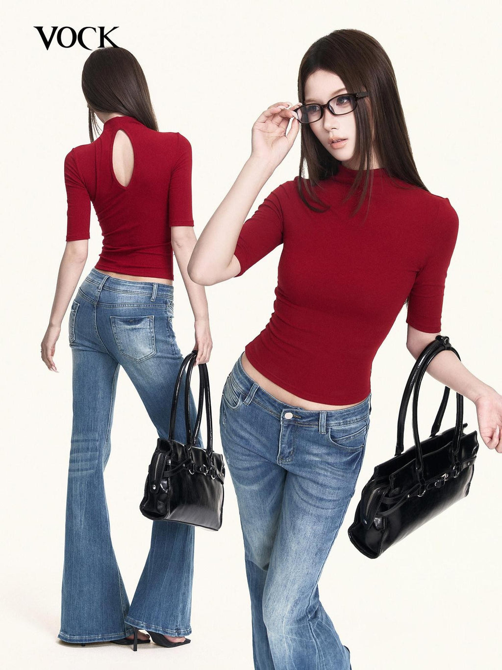 VOCK Red Openwork Knit High Neck Elbow Sleeve Women's Cotton Blend Slim T-shirts