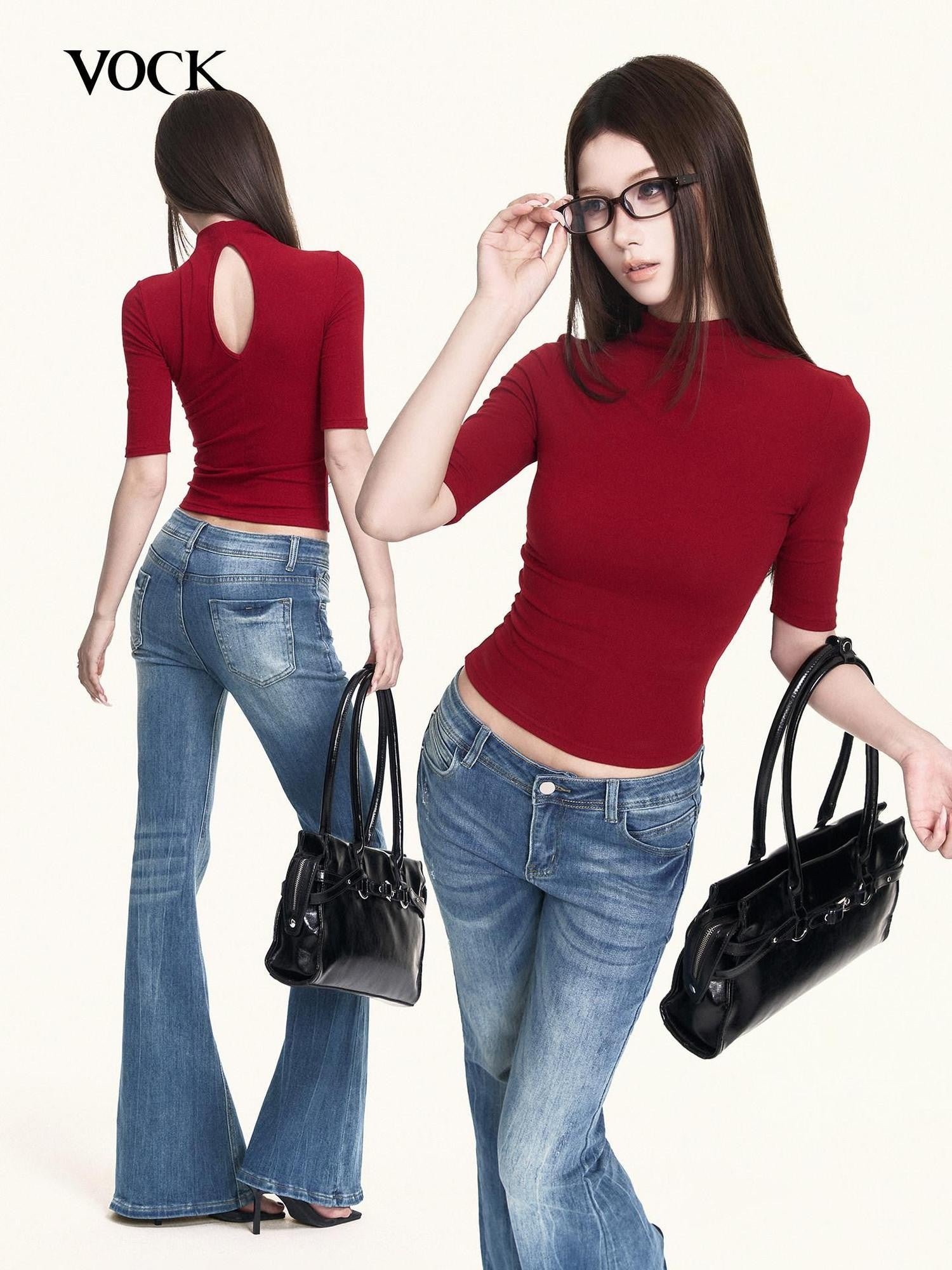 VOCK Red Openwork Knit High Neck Elbow Sleeve Women's Cotton Blend Slim T-shirts