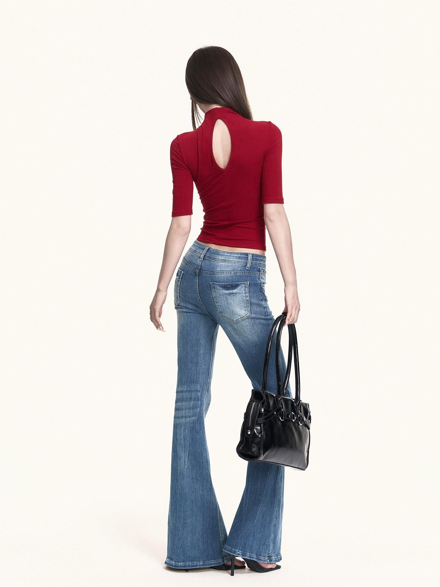 VOCK Red Openwork Knit High Neck Elbow Sleeve Women's Cotton Blend Slim T-shirts