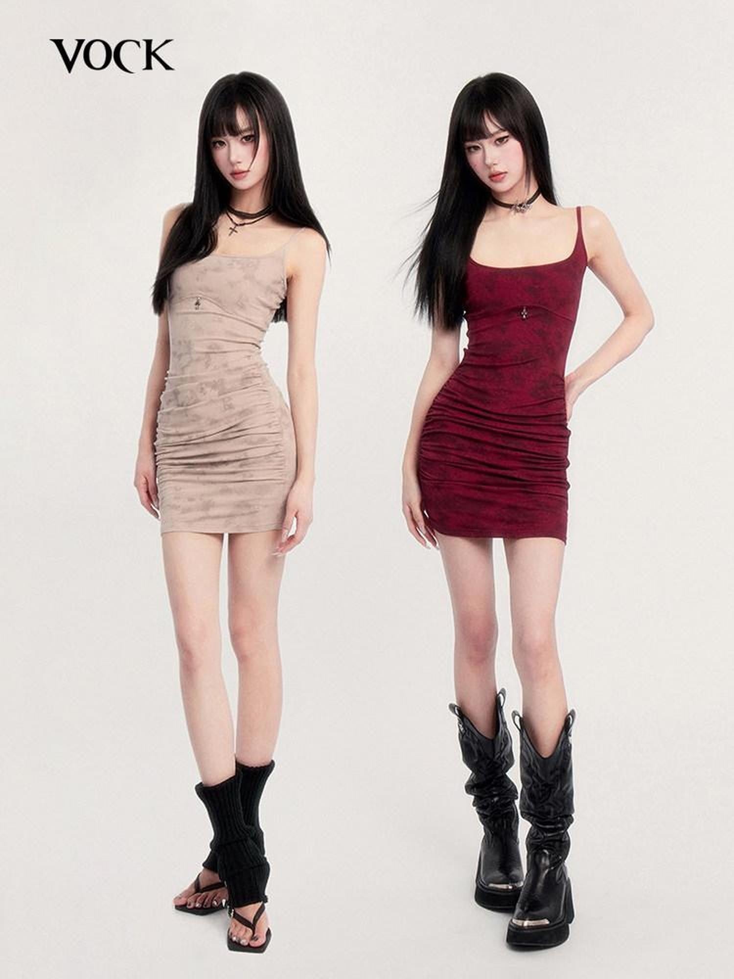 VOCK Red Tie Dye Bodycon Waist Cinch Women's Cotton Spandex Slip Mini Dresses