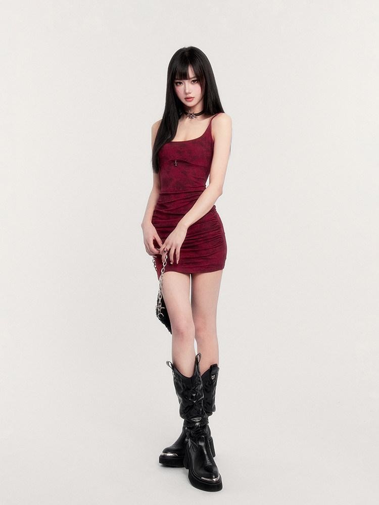 VOCK Red Tie Dye Bodycon Waist Cinch Women's Cotton Spandex Slip Mini Dresses