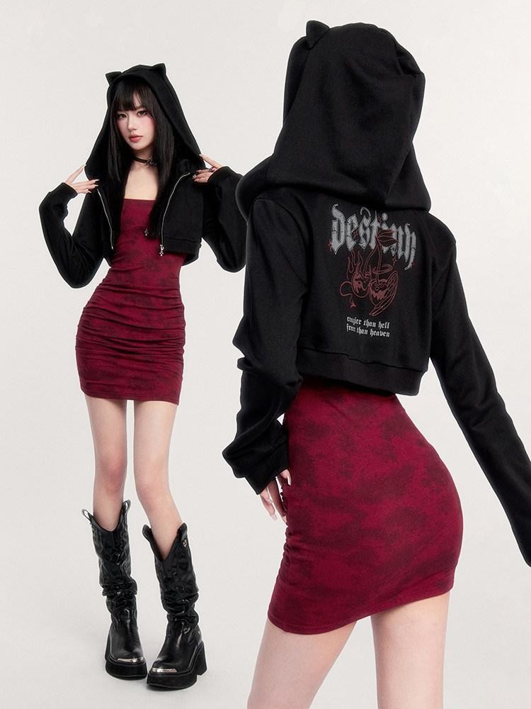 VOCK Red Tie Dye Bodycon Waist Cinch Women's Cotton Spandex Slip Mini Dresses