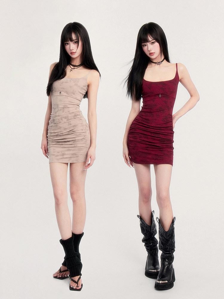 VOCK Red Tie Dye Bodycon Waist Cinch Women's Cotton Spandex Slip Mini Dresses