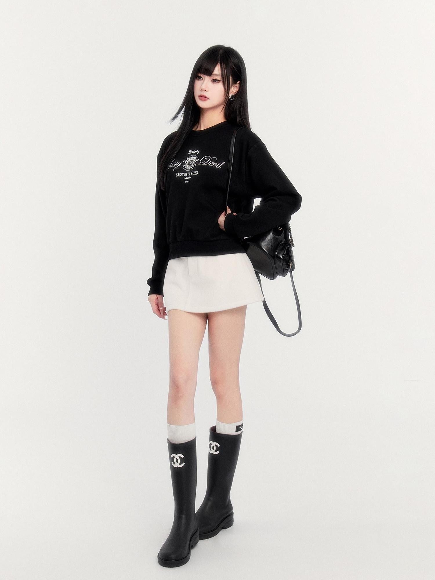 VOCK Retro Collegiate Letter Print Cropped Fleece Women's Polyester Blend Sweatshirts