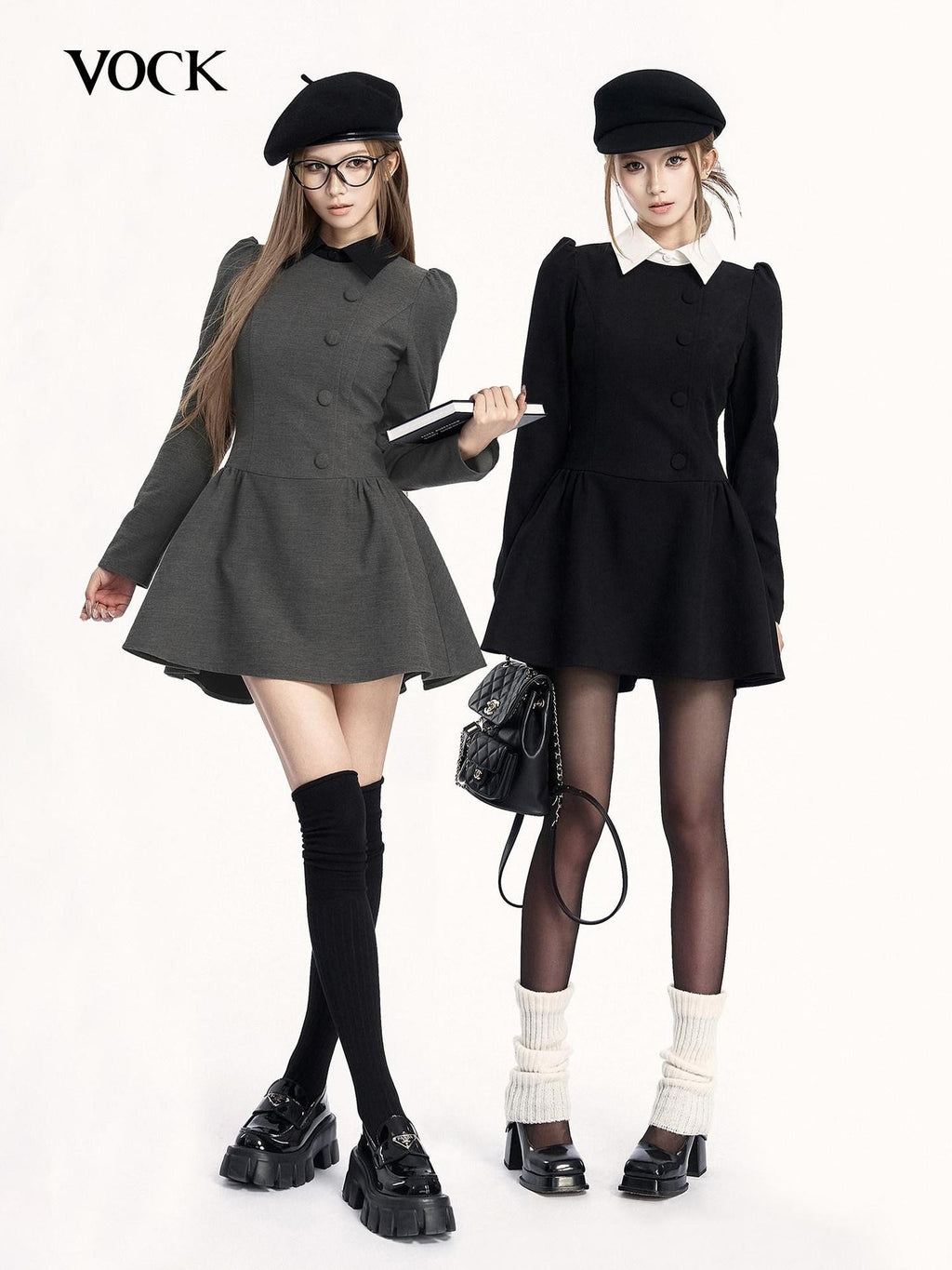 VOCK Retro Mock Two Piece Puff Cinched Waist Women's Poly Cotton Casual Mini Dresses