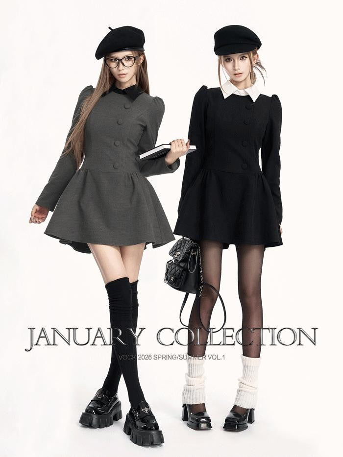 VOCK Retro Mock Two Piece Puff Cinched Waist Women's Poly Cotton Casual Mini Dresses