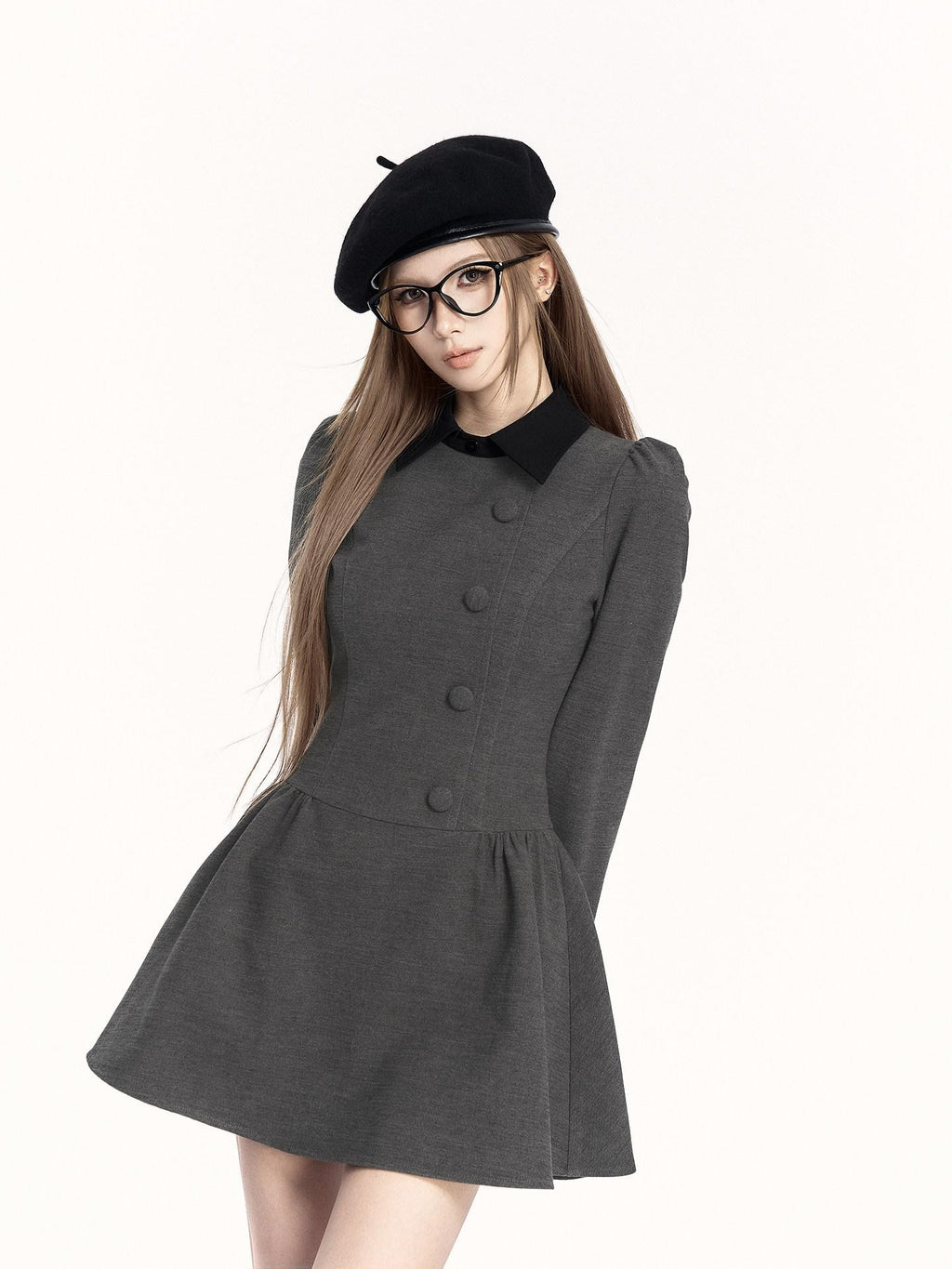 VOCK Retro Mock Two Piece Puff Cinched Waist Women's Poly Cotton Casual Mini Dresses