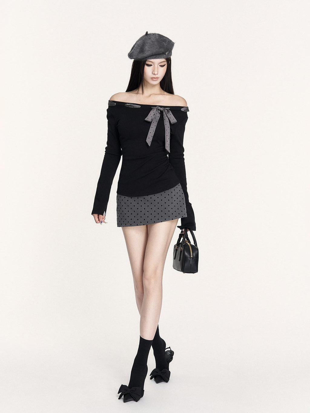 VOCK Retro Polka Dot Bow Patchwork Women's Polyester Cotton Mini Skirts
