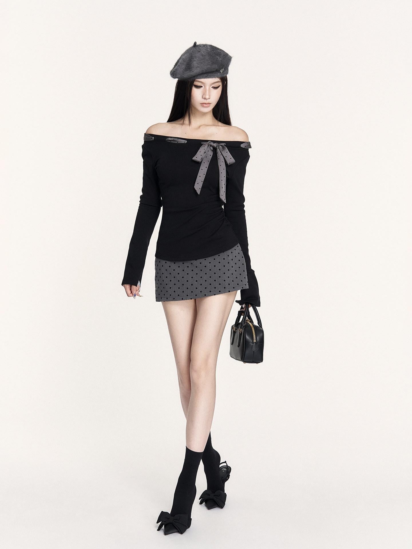 VOCK Retro Polka Dot Bow Patchwork Women's Polyester Cotton Mini Skirts