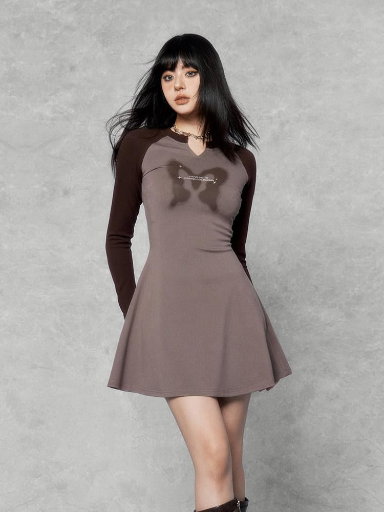 VOCK Retro Sporty Printed Raglan Long Sleeve Women's Cotton Blend Casual Mini Dresses