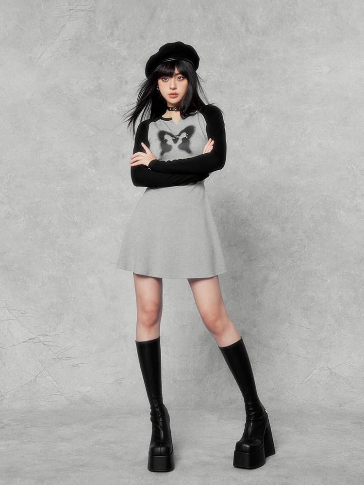 VOCK Retro Sporty Printed Raglan Long Sleeve Women's Cotton Blend Casual Mini Dresses