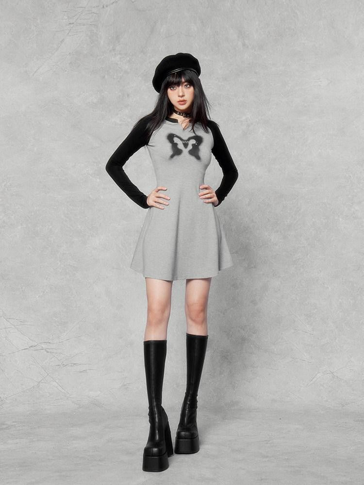 VOCK Retro Sporty Printed Raglan Long Sleeve Women's Cotton Blend Casual Mini Dresses
