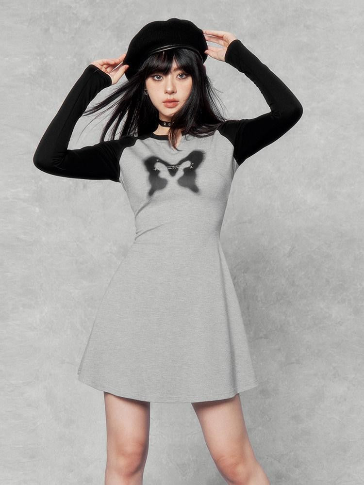 VOCK Retro Sporty Printed Raglan Long Sleeve Women's Cotton Blend Casual Mini Dresses
