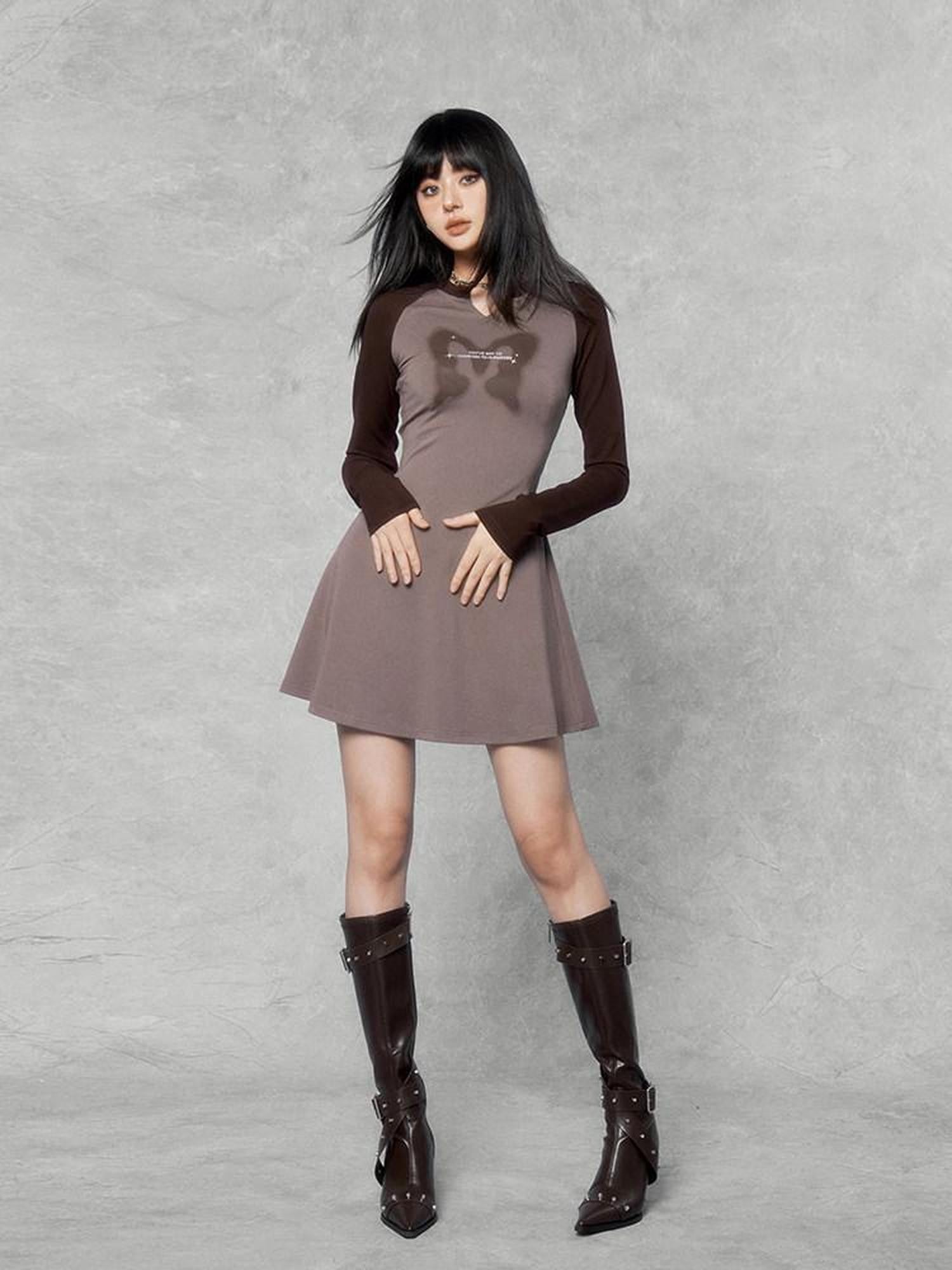 VOCK Retro Sporty Printed Raglan Long Sleeve Women's Cotton Blend Casual Mini Dresses