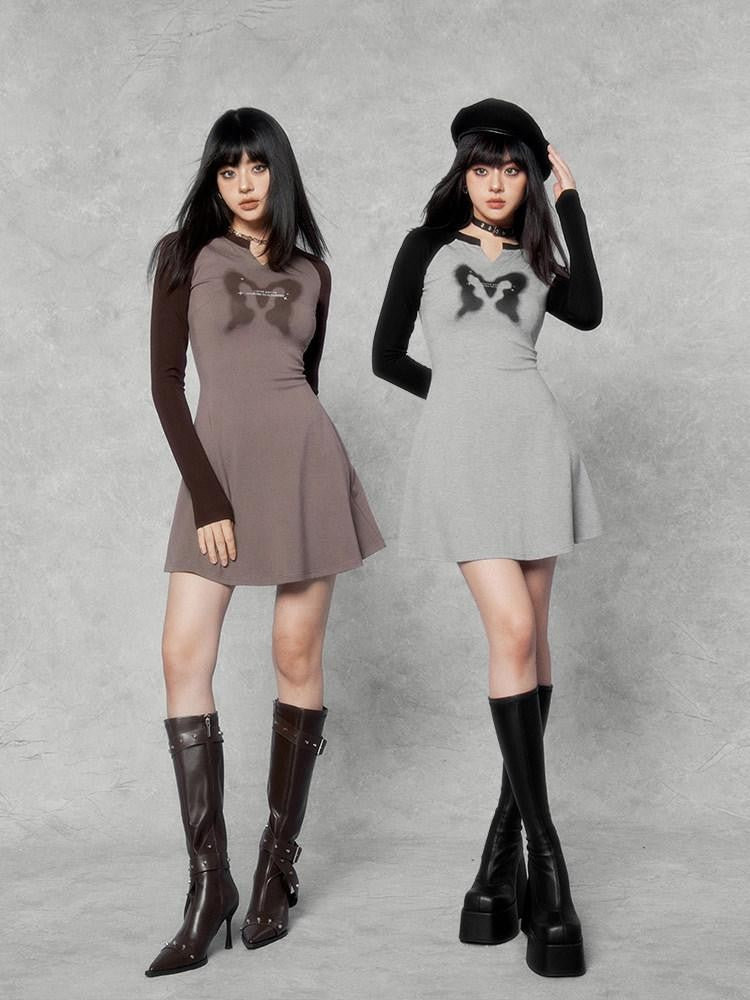 VOCK Retro Sporty Printed Raglan Long Sleeve Women's Cotton Blend Casual Mini Dresses