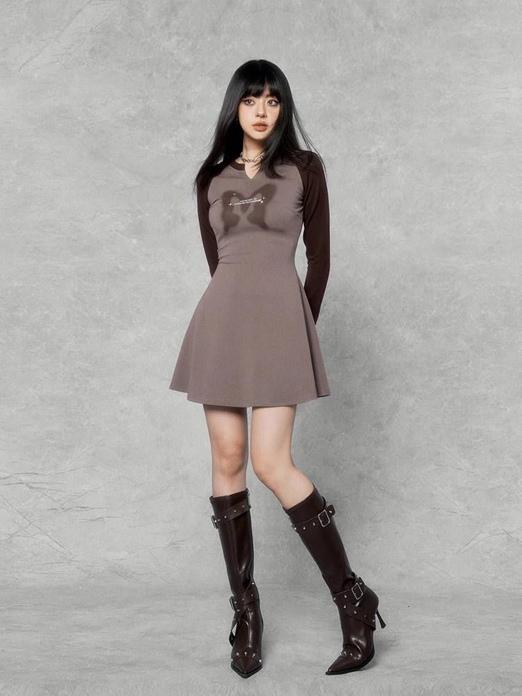 VOCK Retro Sporty Printed Raglan Long Sleeve Women's Cotton Blend Casual Mini Dresses