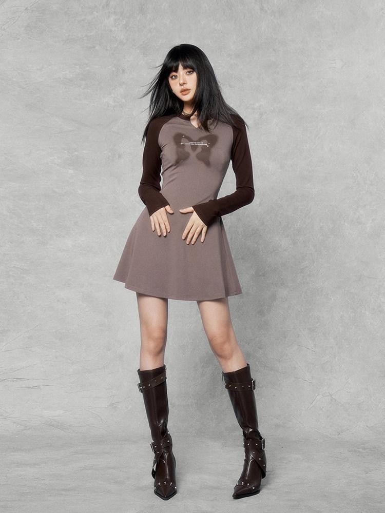 VOCK Retro Sporty Printed Raglan Long Sleeve Women's Cotton Blend Casual Mini Dresses