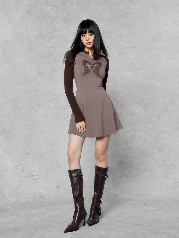 VOCK Retro Sporty Printed Raglan Long Sleeve Women's Cotton Blend Casual Mini Dresses