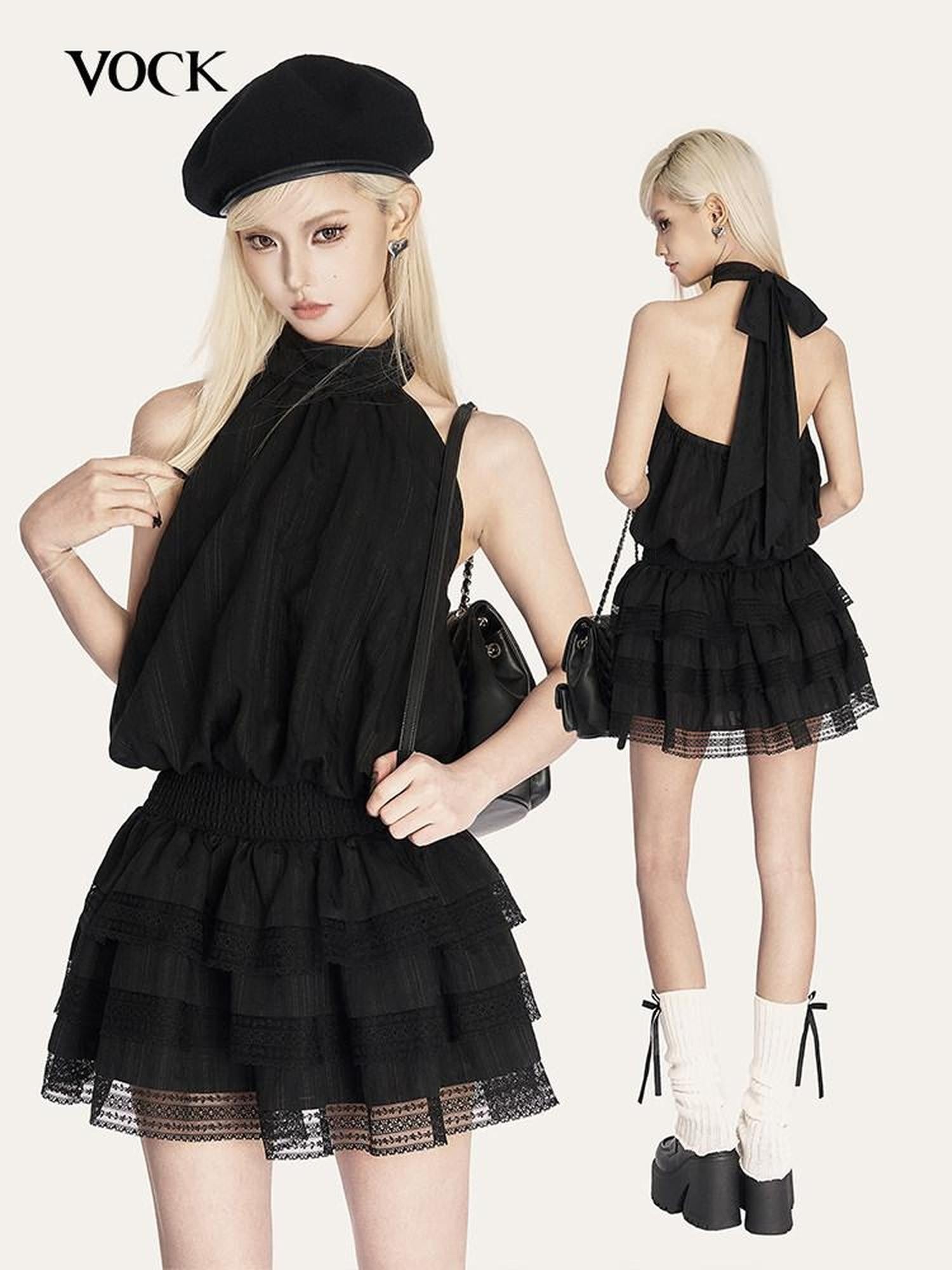 VOCK Retro Striped Bow Backless Pleated Cake Women's Cotton Blend Halter Mini Dresses