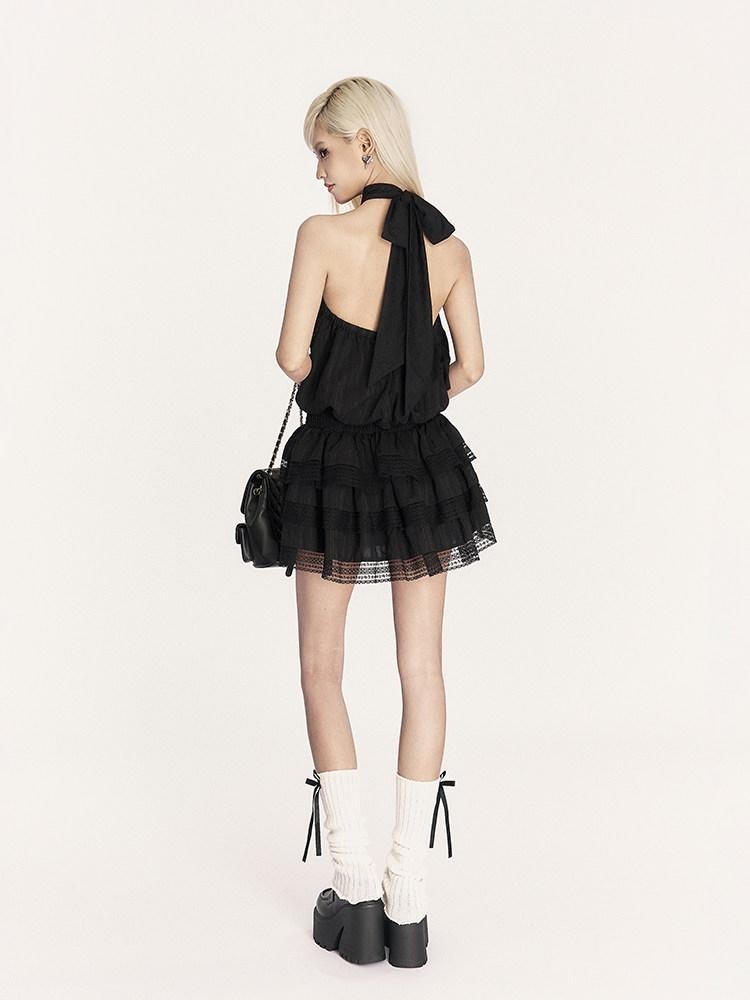 VOCK Retro Striped Bow Backless Pleated Cake Women's Cotton Blend Halter Mini Dresses