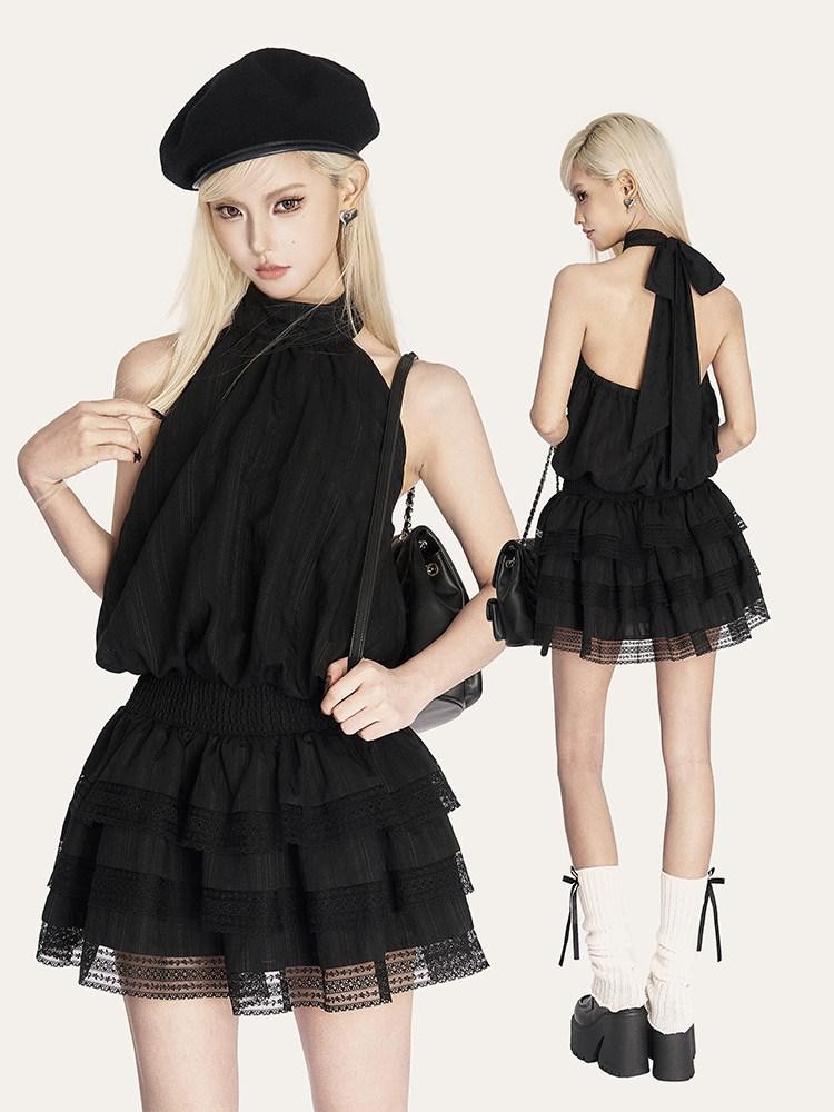VOCK Retro Striped Bow Backless Pleated Cake Women's Cotton Blend Halter Mini Dresses