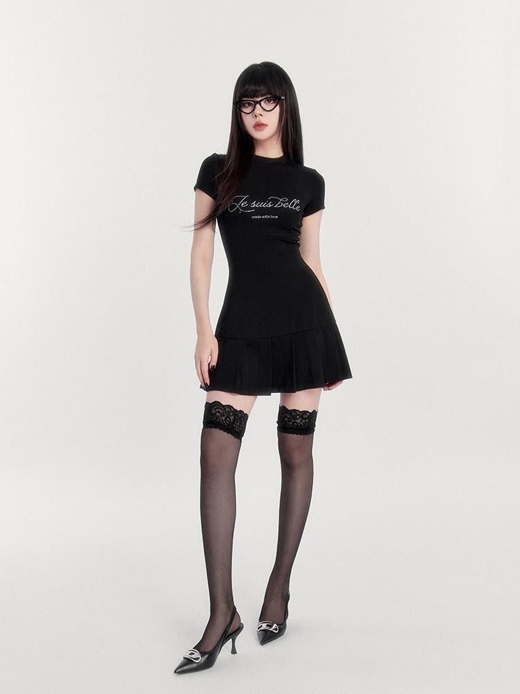 VOCK Rhinestone Letter Print A Line Slim Waist Women's Casual Mini Dresses