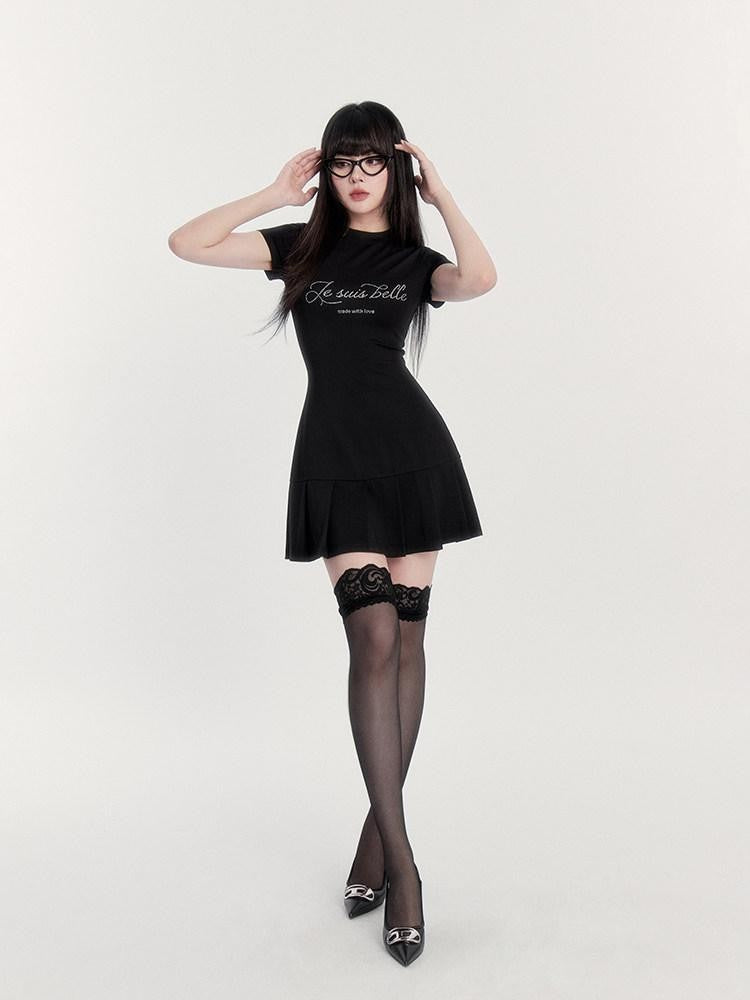 VOCK Rhinestone Letter Print A Line Slim Waist Women's Casual Mini Dresses