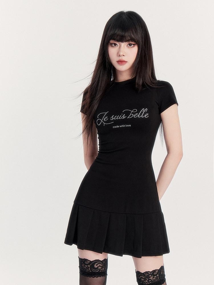 VOCK Rhinestone Letter Print A Line Slim Waist Women's Casual Mini Dresses