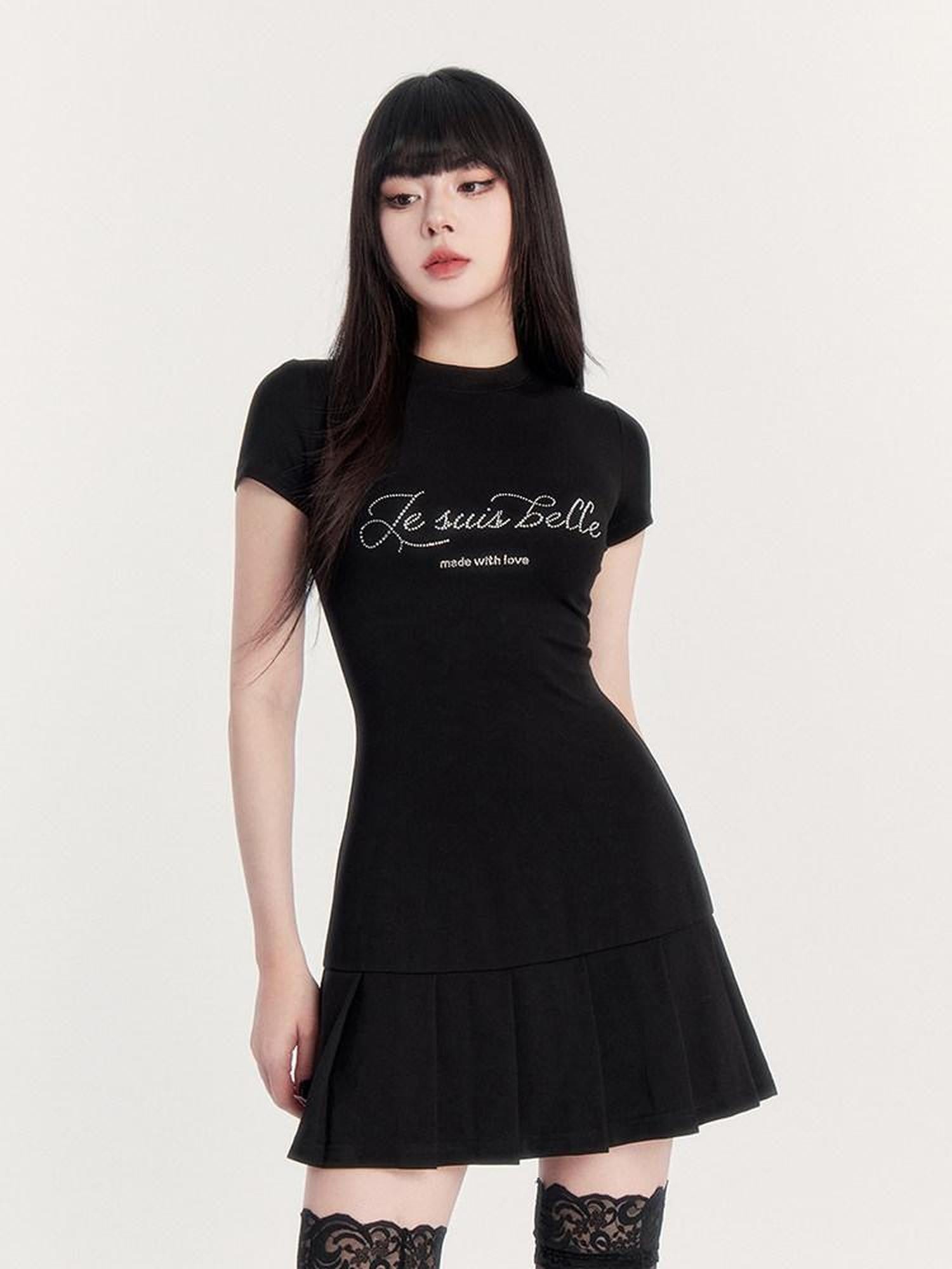 VOCK Rhinestone Letter Print A Line Slim Waist Women's Casual Mini Dresses