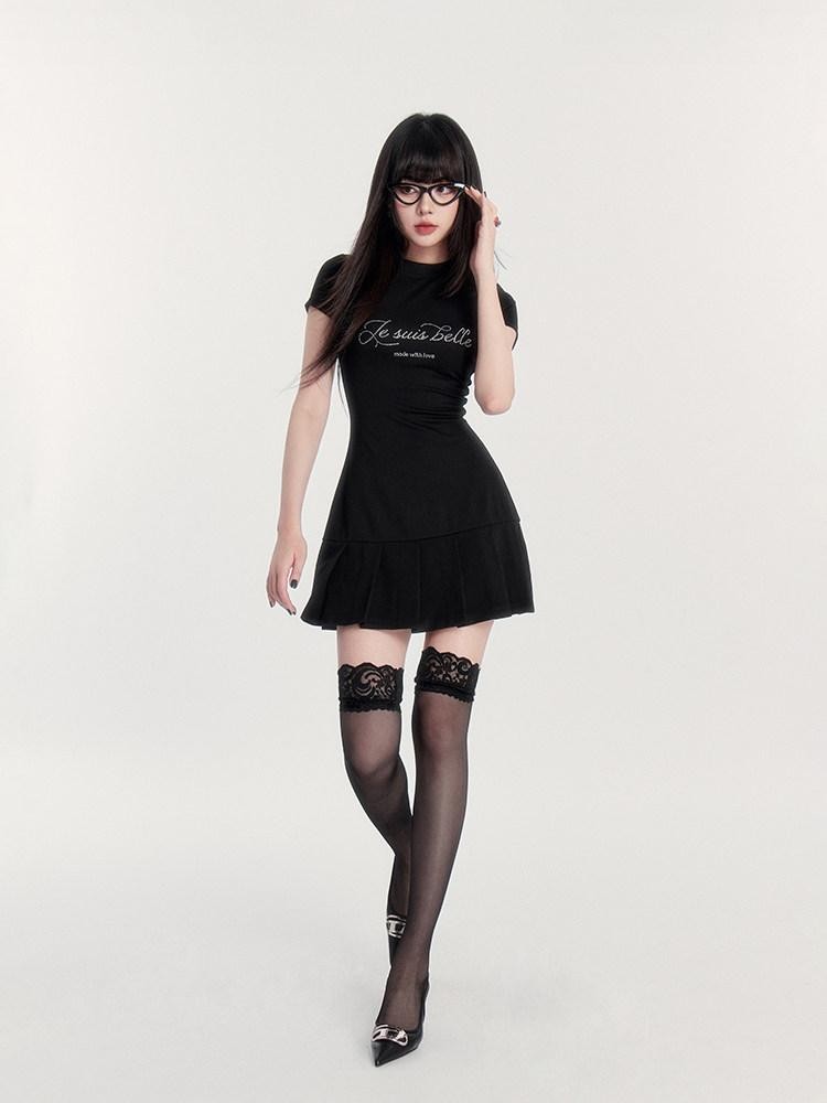 VOCK Rhinestone Letter Print A Line Slim Waist Women's Casual Mini Dresses