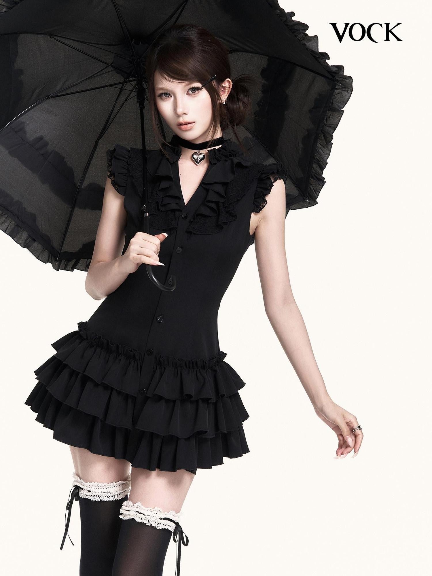 VOCK Romantic Court Lace Ruffle Cake Skirt V-neck Women's Casual Mini Dresses