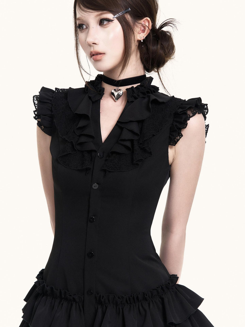 VOCK Romantic Court Lace Ruffle Cake Skirt V-neck Women's Casual Mini Dresses