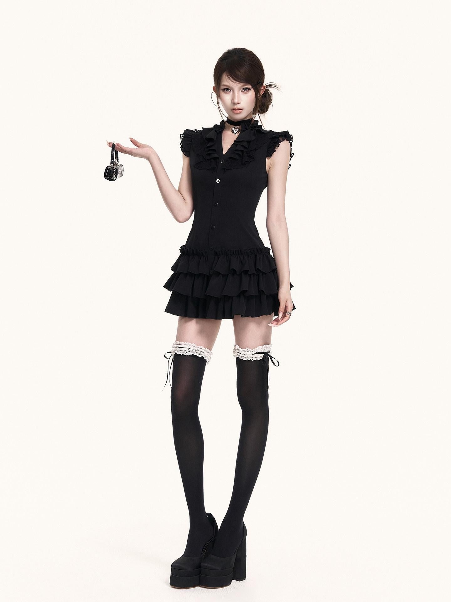 VOCK Romantic Court Lace Ruffle Cake Skirt V-neck Women's Casual Mini Dresses