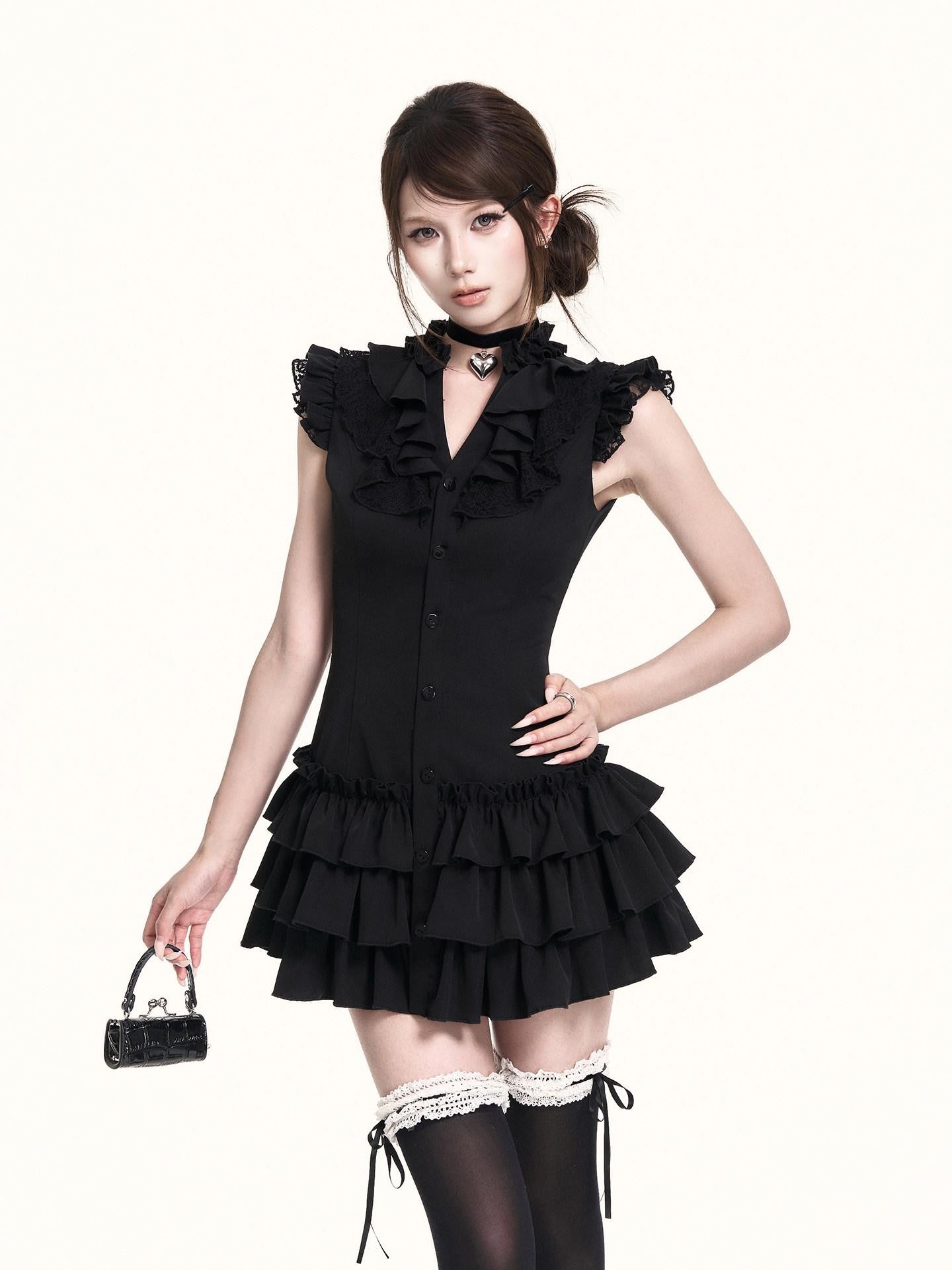 VOCK Romantic Court Lace Ruffle Cake Skirt V-neck Women's Casual Mini Dresses