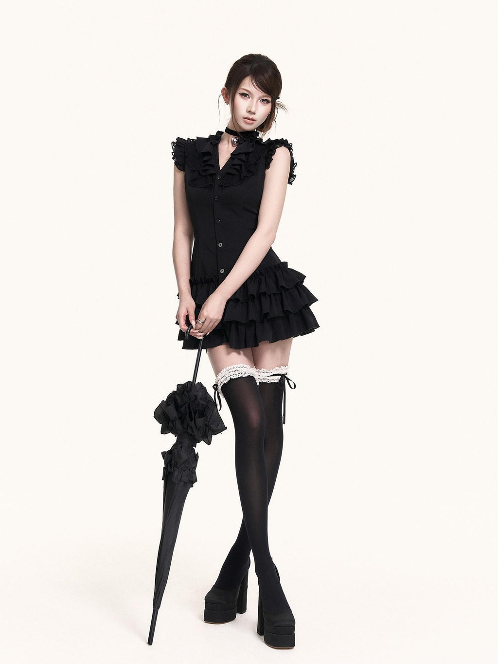 VOCK Romantic Court Lace Ruffle Cake Skirt V-neck Women's Casual Mini Dresses