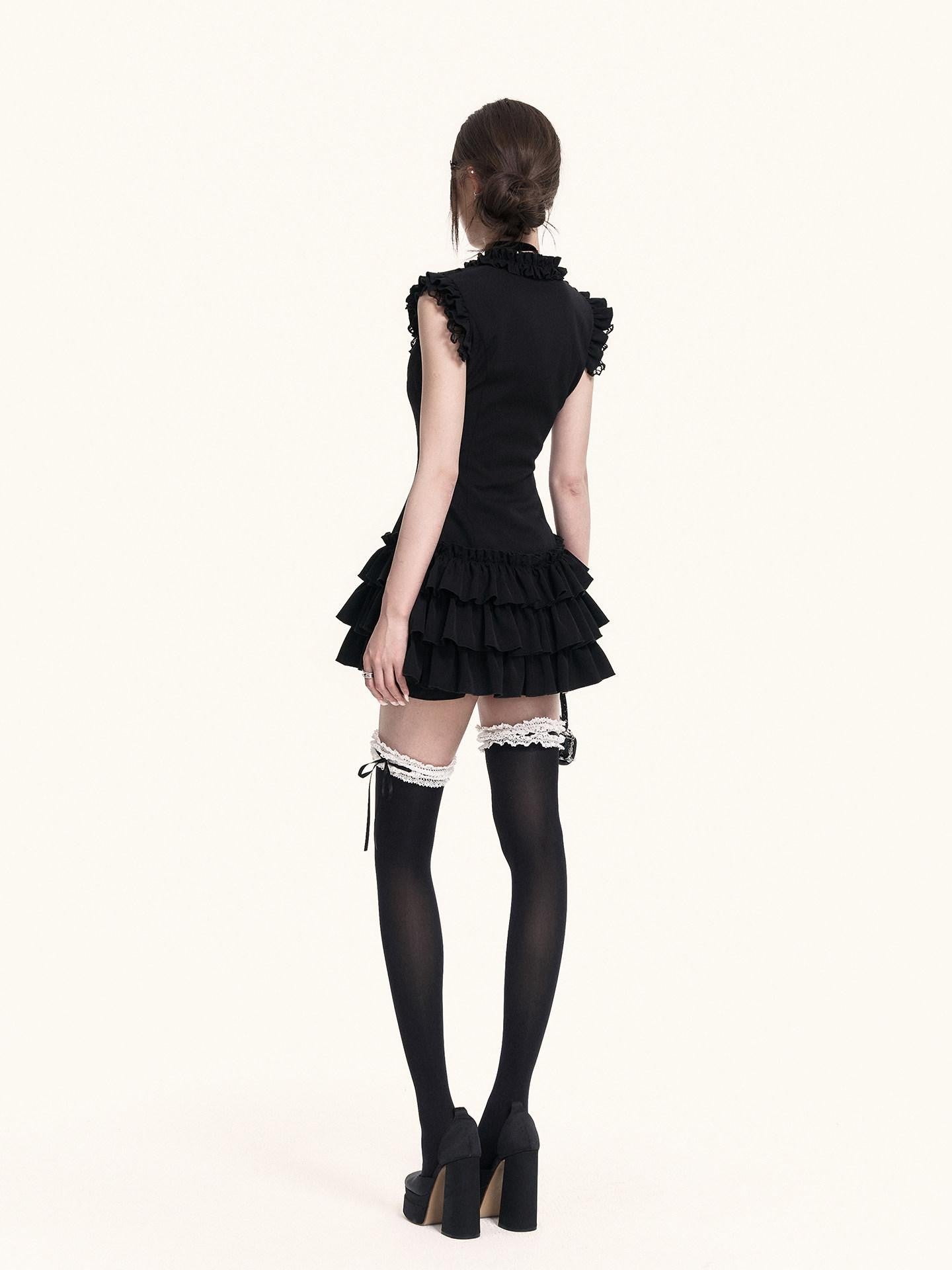 VOCK Romantic Court Lace Ruffle Cake Skirt V-neck Women's Casual Mini Dresses