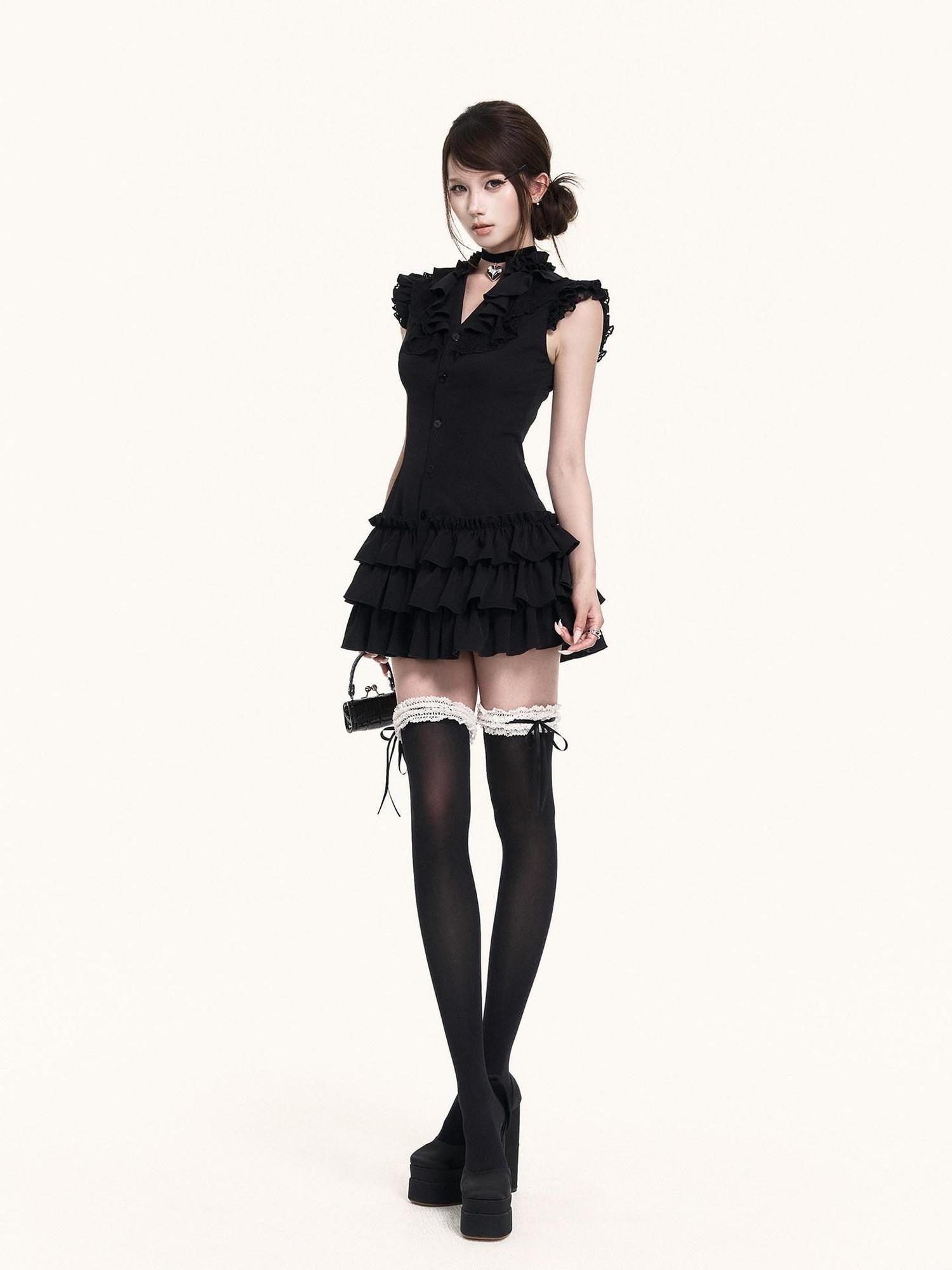 VOCK Romantic Court Lace Ruffle Cake Skirt V-neck Women's Casual Mini Dresses