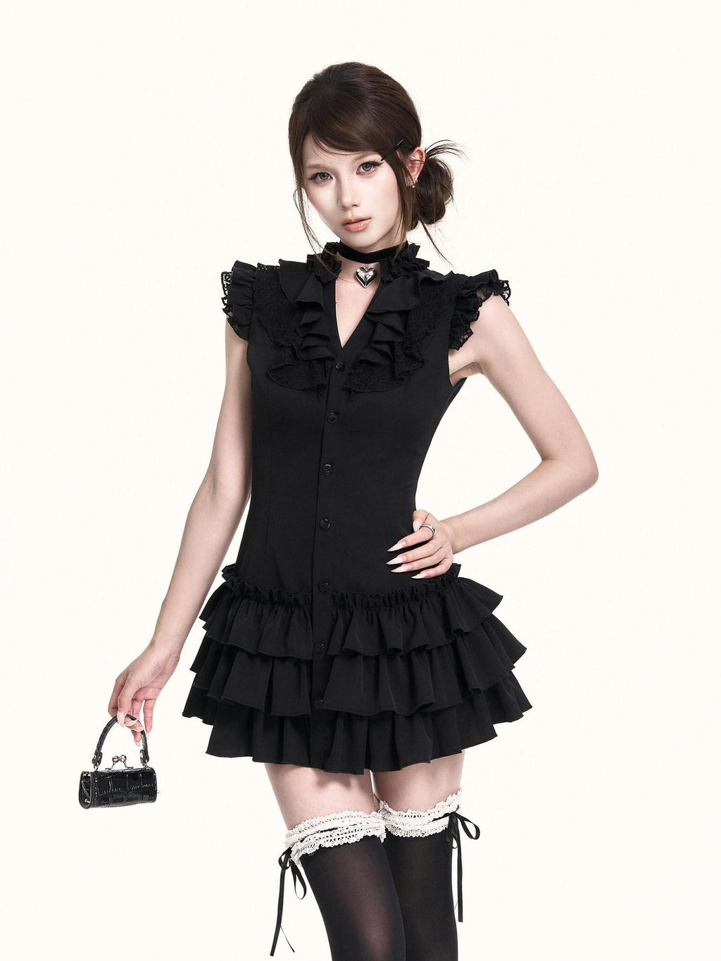 VOCK Romantic Court Lace Ruffle Cake Skirt V-neck Women's Casual Mini Dresses