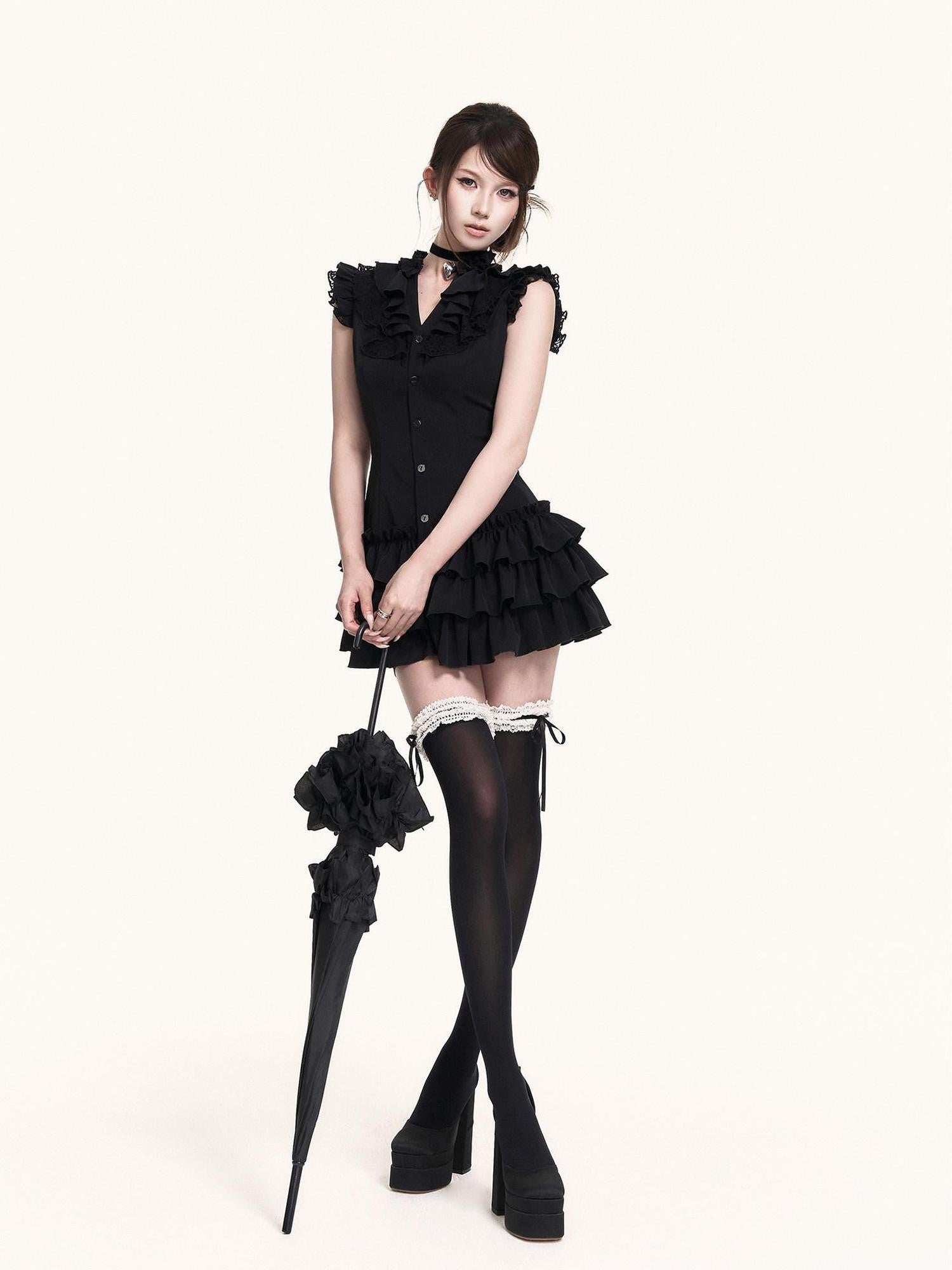 VOCK Romantic Court Lace Ruffle Cake Skirt V-neck Women's Casual Mini Dresses