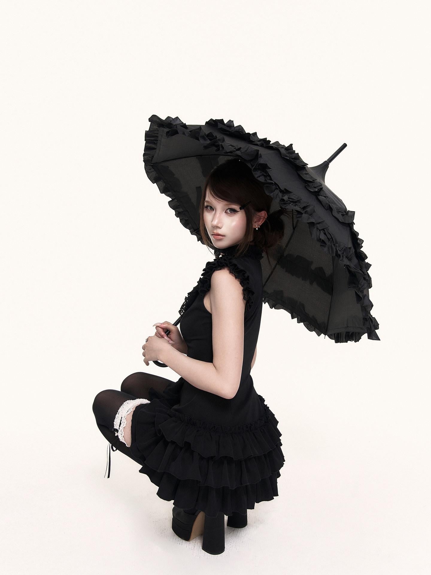 VOCK Romantic Court Lace Ruffle Cake Skirt V-neck Women's Casual Mini Dresses