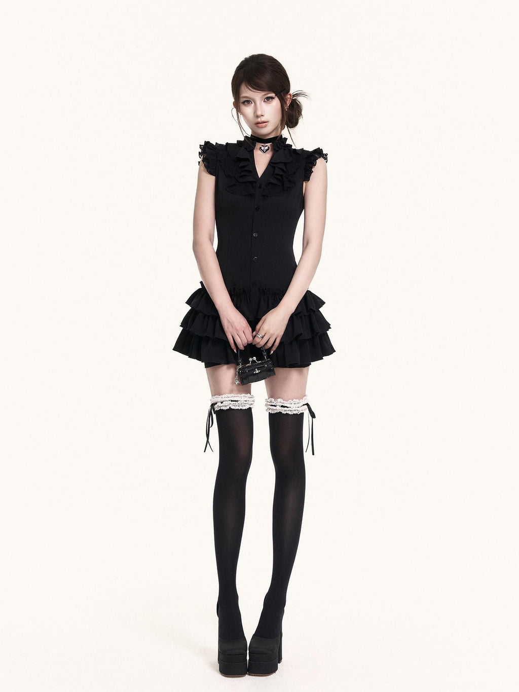 VOCK Romantic Court Lace Ruffle Cake Skirt V-neck Women's Casual Mini Dresses