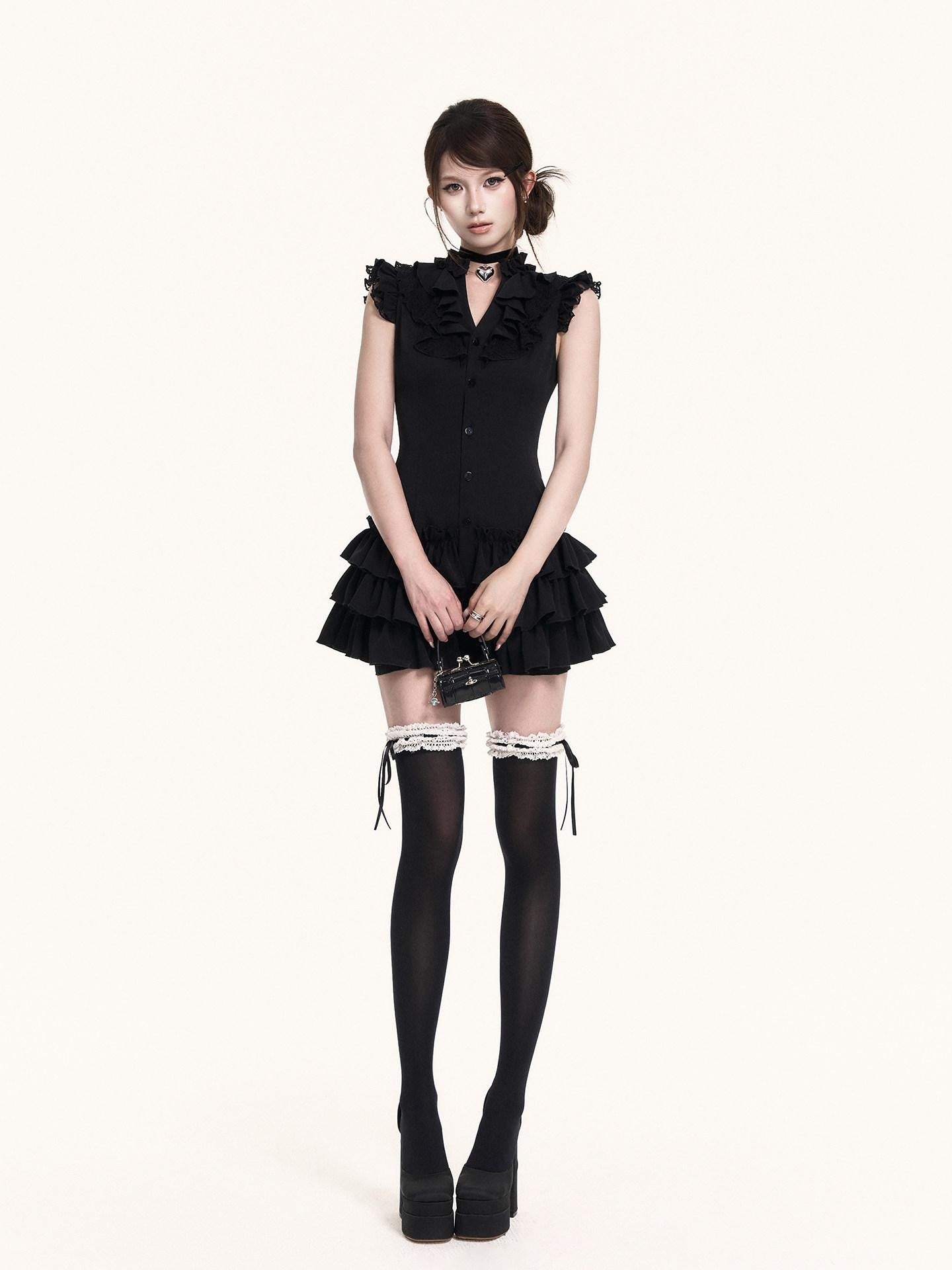 VOCK Romantic Court Lace Ruffle Cake Skirt V-neck Women's Casual Mini Dresses