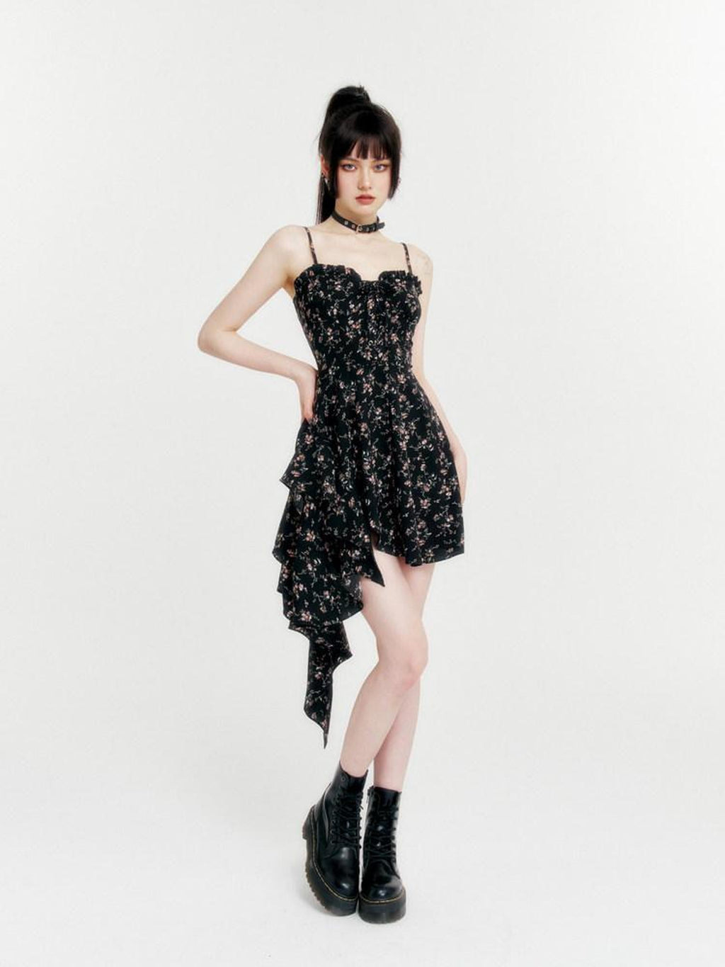 VOCK Romantic Floral Asymmetrical Cinched Waist Women's Polyester Slip Midi Dresses