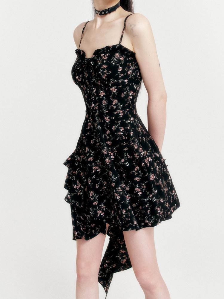VOCK Romantic Floral Asymmetrical Cinched Waist Women's Polyester Slip Midi Dresses