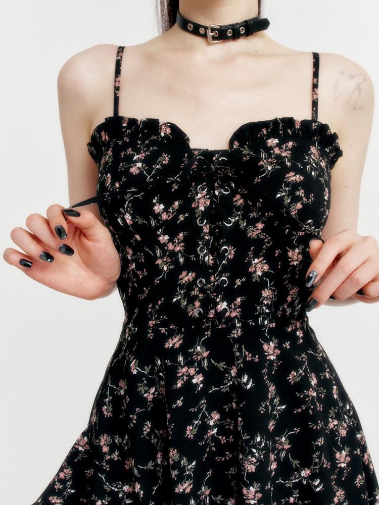 VOCK Romantic Floral Asymmetrical Cinched Waist Women's Polyester Slip Midi Dresses