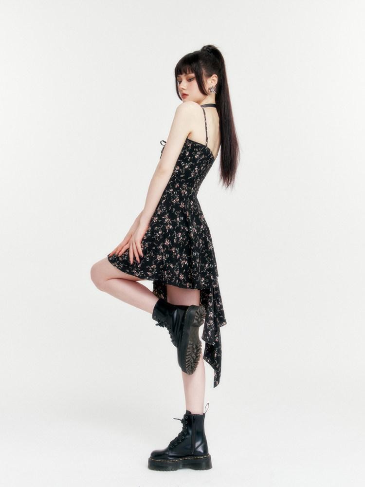 VOCK Romantic Floral Asymmetrical Cinched Waist Women's Polyester Slip Midi Dresses
